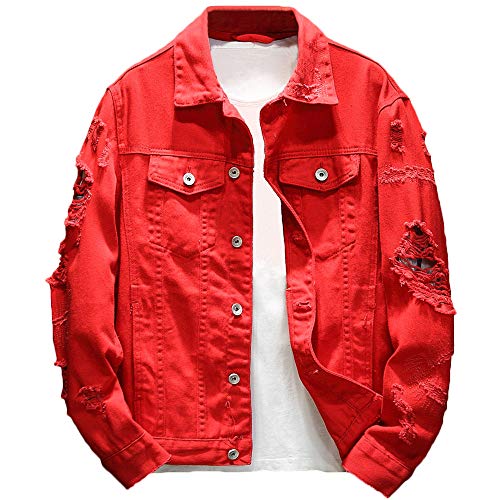 Rexcyril Men's Distressed Denim Jacket Casual Ripped Holes Button Down Trucker Jacket Jean Coat Red, Medium - Image 1
