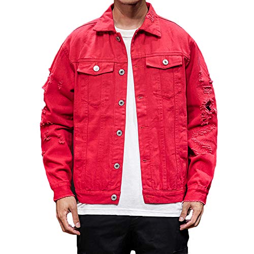 Rexcyril Men's Distressed Denim Jacket Casual Ripped Holes Button Down Trucker Jacket Jean Coat Red, Medium - Image 2