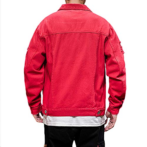 Rexcyril Men's Distressed Denim Jacket Casual Ripped Holes Button Down Trucker Jacket Jean Coat Red, Medium - Image 3