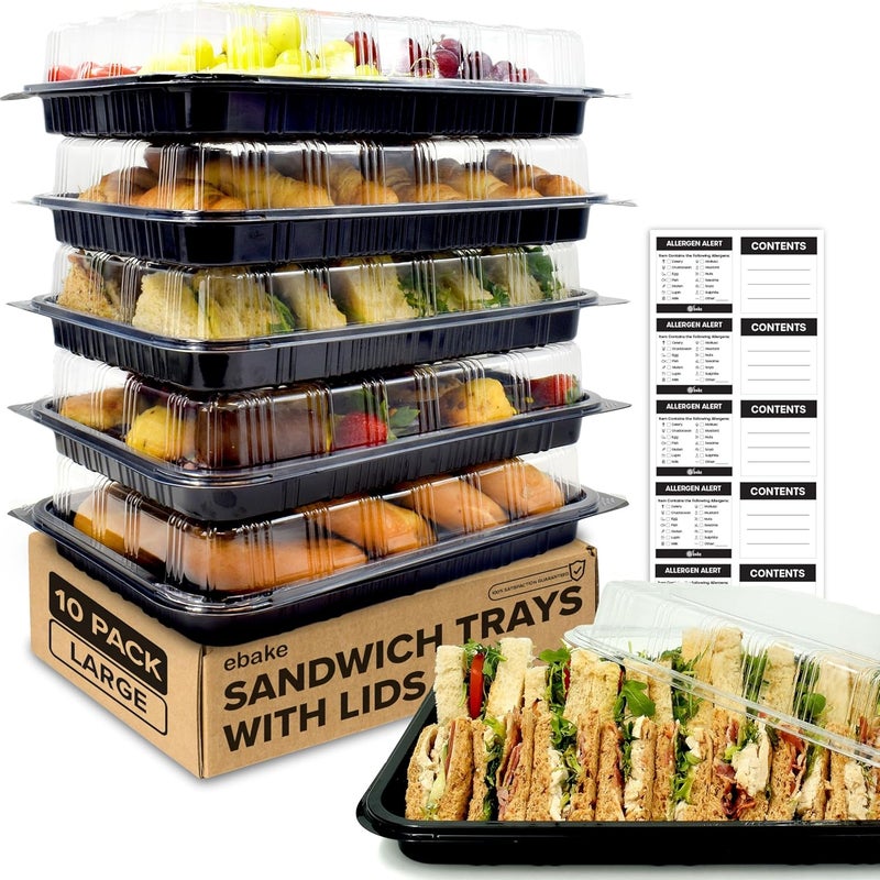 ebake 5 Pack Catering Trays with Lids – 17" Serving Tray with Lid, Heavy Duty Recyclable Plastic Party Platters for Catering, Buffet, Picnics & Events – Food Trays with Clear Lid (17.72 x 12.20 x 2.95 inch) - Image 1