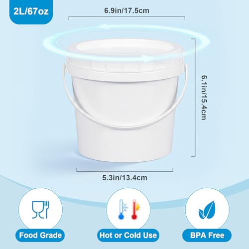 ASEVAT 10 Pack 67OZ/2000ML Airtight White Plastic Bucket with Lid & Handle, Food Grade Reusable Tub - Freezer & Microwave Safe for Ice, Ice Cream, Sauce, Soup & Party - Image 2
