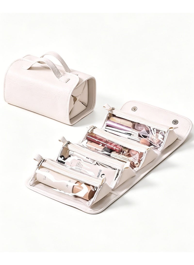 Detachable Travel Makeup Bag, Large Capacity Foldable Cosmetic Organizer Bag with 4 Removable Pouches, Waterproof PU Leather Toiletry Storage Bag, Portable Cosmetic Case for Women, Home & Travel Use - Image 1