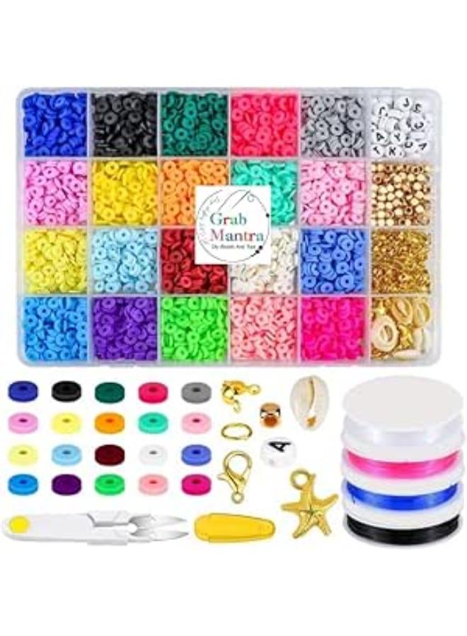 GrabMantra Clay Flat Beads , Heishi Beads Kit Flat Round Polymer, Spacer Beads with Charms ,String, Shell Pendant, for Bracelets Necklace Earring DIY Craft (4500-Clay-Charms) 