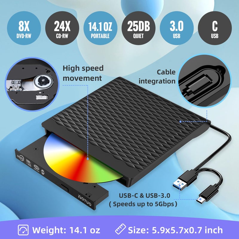 YOTUO External CD/DVD Drive, Portable USB 3.0 & USB-C CD RW Drive, DVD Player, DVD Burner for Laptop, Desktop, Compatible with Windows 7/8/10/11, Mac, MacBook Pro/Air, Linux (IDD023-2) - Image 3