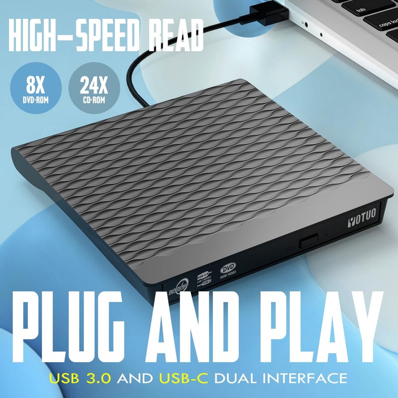 YOTUO External CD/DVD Drive, Portable USB 3.0 & USB-C CD RW Drive, DVD Player, DVD Burner for Laptop, Desktop, Compatible with Windows 7/8/10/11, Mac, MacBook Pro/Air, Linux (IDD023-2) - Image 5