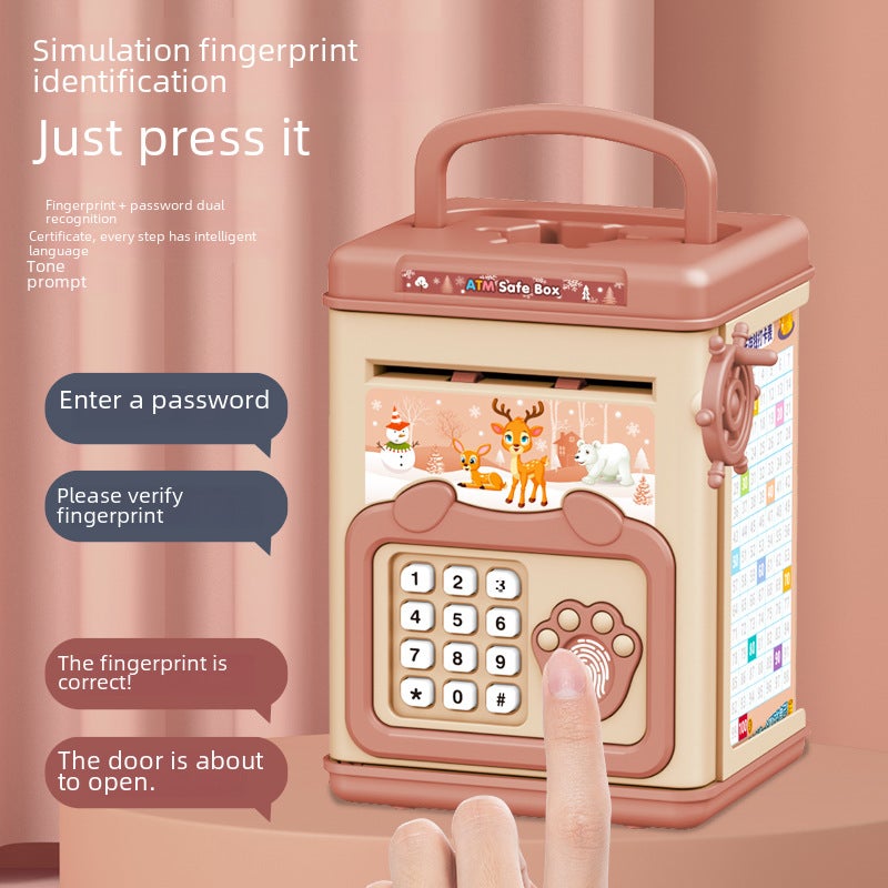 Children's simulation fingerprint smart password piggy bank music manual roll money management boys and girls piggy bank toys(6909-fingerprint piggy bank-powder) - Image 3