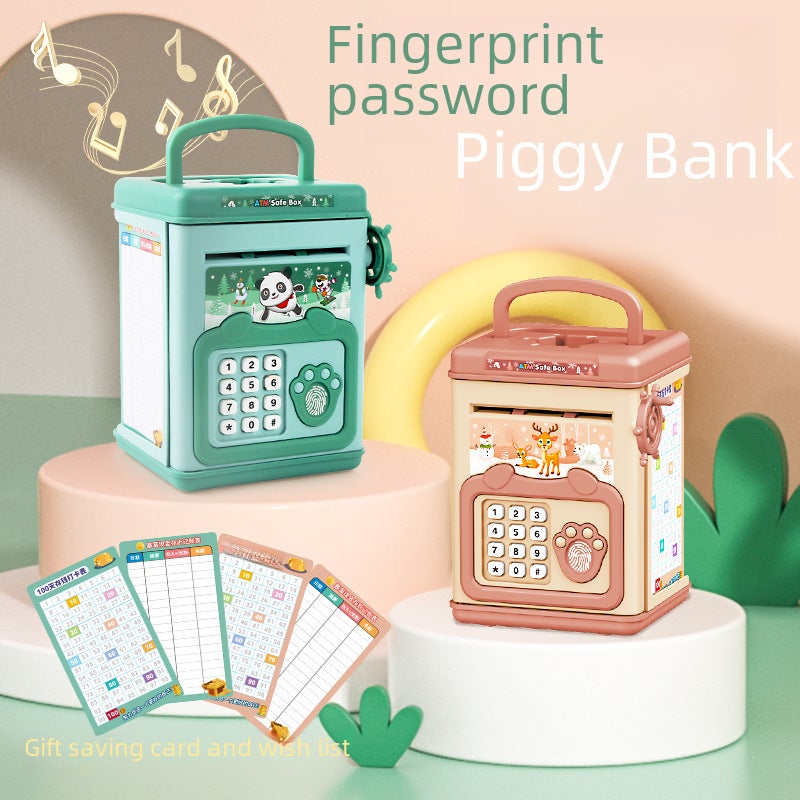 Children's simulation fingerprint smart password piggy bank music manual roll money management boys and girls piggy bank toys(6909-fingerprint piggy bank-powder) - Image 2