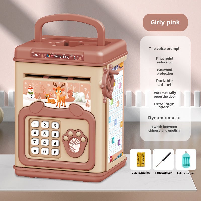 Children's simulation fingerprint smart password piggy bank music manual roll money management boys and girls piggy bank toys(6909-fingerprint piggy bank-powder) - Image 1