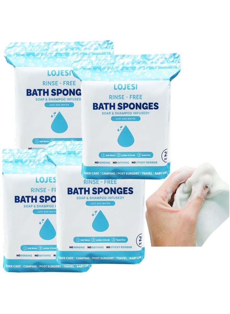 100 قطعة من إسفنج الاستحمام القابل للاستخدام مرة واحدة، مناديل استحمام بدون شطف للكبار، مناديل استحمام جافة معقّمة بالصابون لكبار السن، المرضى الذين يتعذر عليهم الحركة، التخييم، بعد الجراحة (25 قطعة في 4 عبوات) - Image 1