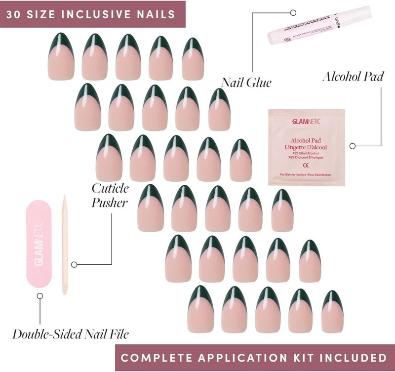 Glamnetic Full land route delivery Press On Nails - Château | Semi-Transparent Dark Green French Tip Short Almond Fake Nails in a Glossy Finish, Salon Quality | 15 Sizes - 30 Nail Kit Anti topple design - Image 4