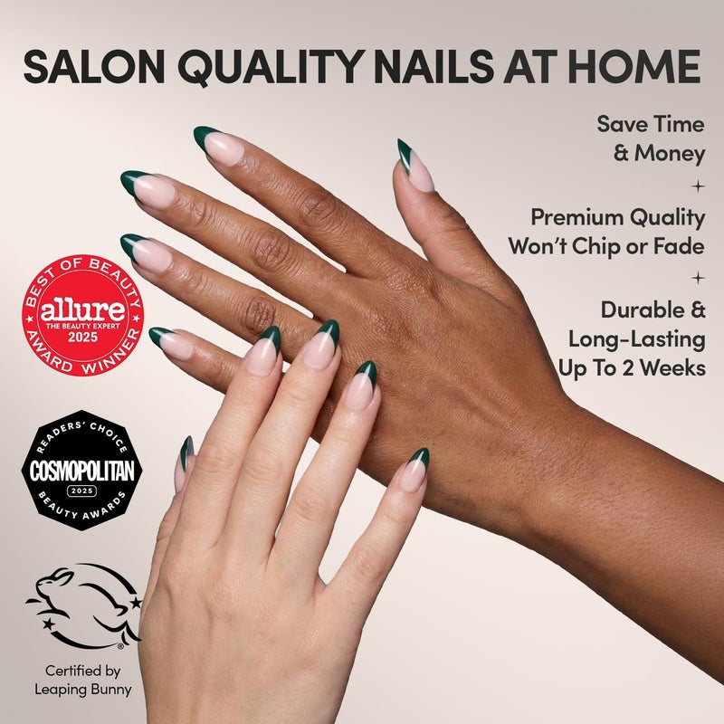 Glamnetic Full land route delivery Press On Nails - Château | Semi-Transparent Dark Green French Tip Short Almond Fake Nails in a Glossy Finish, Salon Quality | 15 Sizes - 30 Nail Kit Anti topple design - Image 2