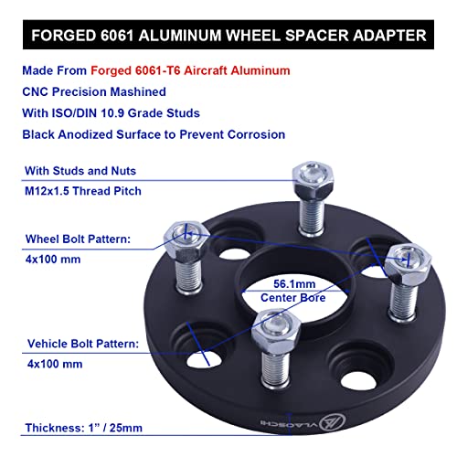 VLAOSCHI Black Forged 4x100 Hubcentric Wheel Spacers 1 Inch with 12x1.5 Studs 56.1mm Hub Bore Compatible with Honda EF EG EK EJ EP 4 Lug for 1979-2005 Civic |1982-1989 Accord |2001-2020 Fit -Pack of 4 - Image 5