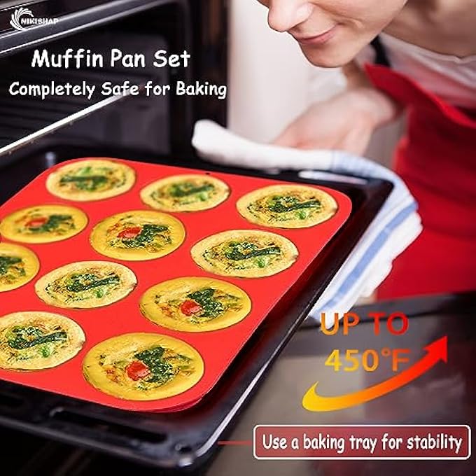 مقلاة مافن سيليكون 2 عبوات من 12 كوب من السيليكون العادي كب كيك صينية غير لاصقة وخالية من مادة BPA رائعة لصنع كعك الكعك تورتة فطيرة البيض والقنابل الدهنية - Image 5