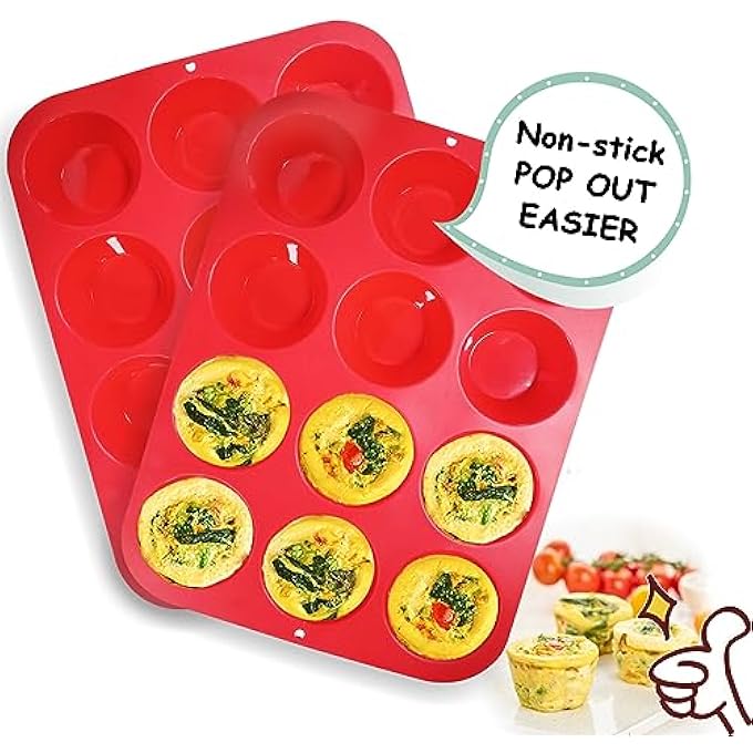 مقلاة مافن سيليكون 2 عبوات من 12 كوب من السيليكون العادي كب كيك صينية غير لاصقة وخالية من مادة BPA رائعة لصنع كعك الكعك تورتة فطيرة البيض والقنابل الدهنية - Image 1