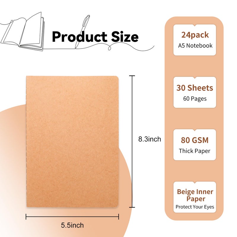 miikoul 24 Pack Blank Kraft Notebooks, 8.3"x5.5" A5 Small Journal Bulk Blank Notebooks 80 Gsm Unlined with 60 Pages A5 Subject Notebooks Traveler Journal Set for Adult Students Office School Supplies - Image 2