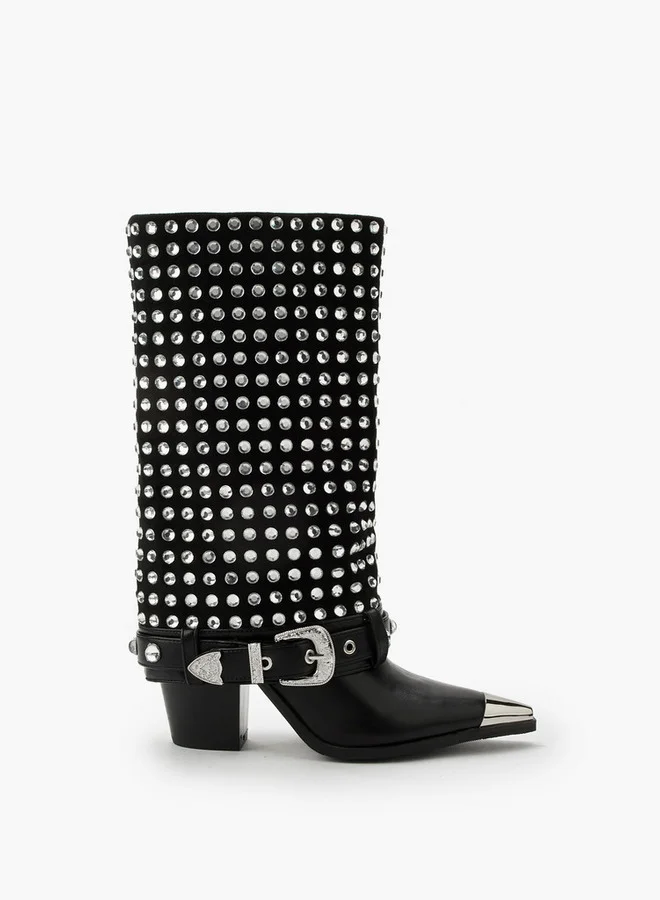 سيليست بوت نسائي بكعب عريض وعمود طويل مزين