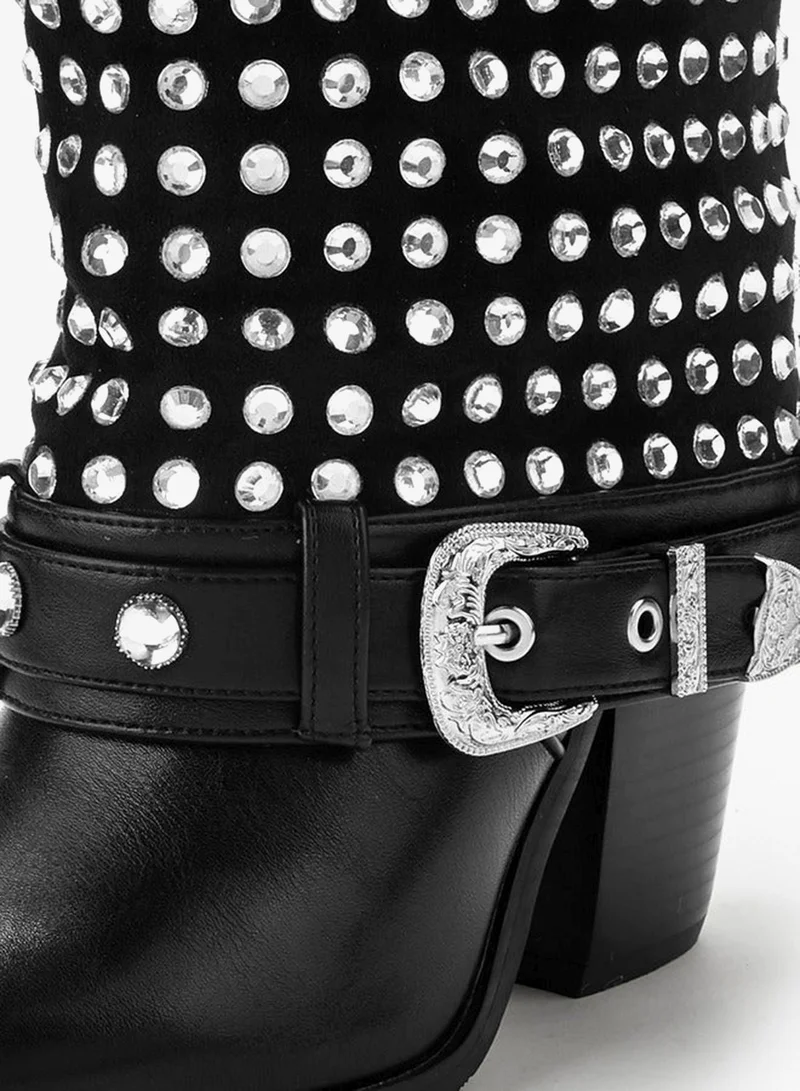 Celeste Black Womens Embellished Block Heel High Shaft Boots for Women | Best Price UAE