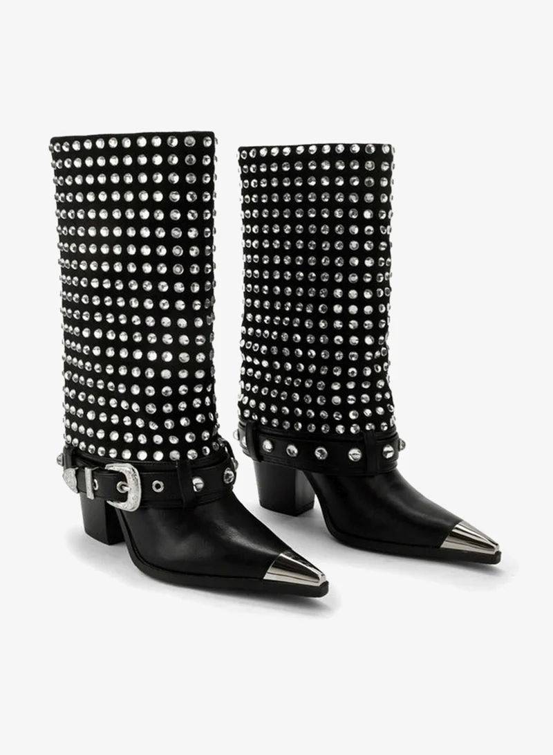 Celeste Black Womens Embellished Block Heel High Shaft Boots for Women | Best Price UAE