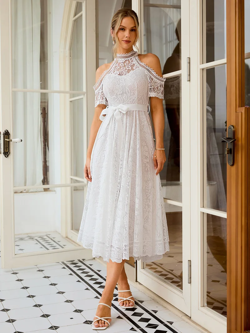Simplee Halter Off Shoulder Lace Short Sleeve Maxi Dress, Pleated Flared Skirt, Elegant Fairy Party Dress