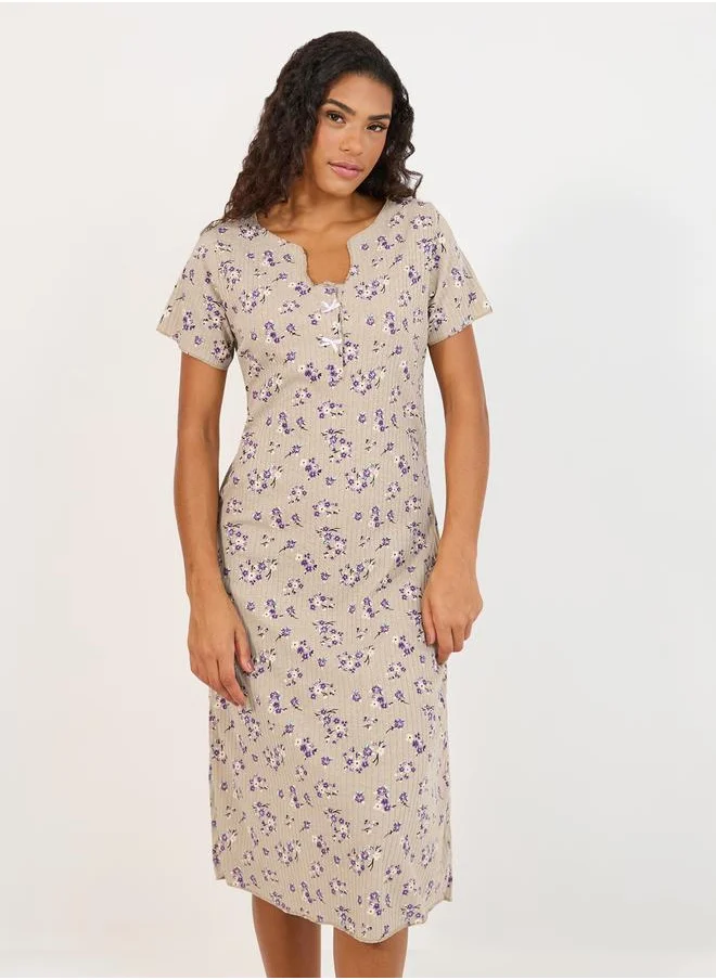 Styli All Over Floral Print Rib Sleep T-Shirt Dress