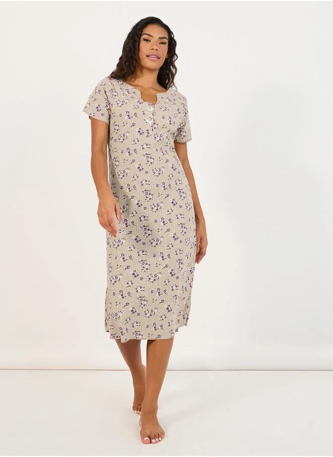 Styli All Over Floral Print Rib Sleep T-Shirt Dress