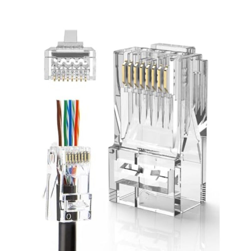 موصلات RJ45 التمريرية لكابلات Cat6/Cat5e Ethernet، وموصلات تجعيد غير محمية مطلية بالذهب، ومحاذاة صفراء عالية الدقة وقوة إدخال منخفضة - Image 1