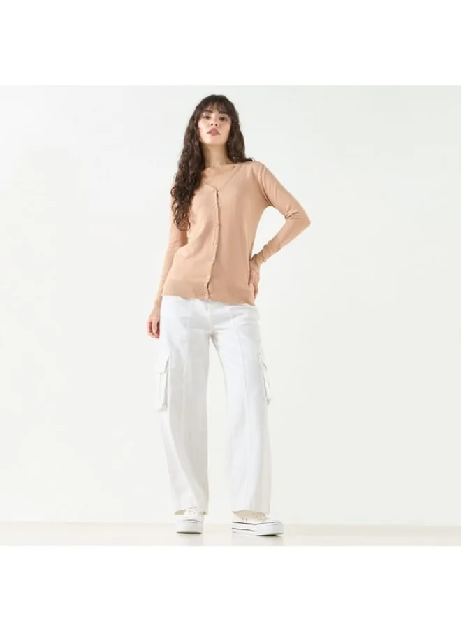 2Xtremz 2Xtremz Solid V-Neck Cardigan with Long Sleeves and Button Closure