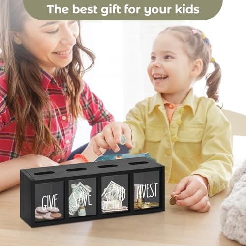 Ameuphercy Wooden Give Save Spend Invest Money Saving Box for Kids Countertop Kid Piggy Bank for Daily Cash WallMount Kids Banks for Bills and Coins Visualized Piggy Bank for Living Room Laundry Room - Image 5