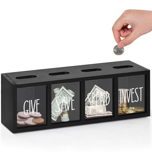 Ameuphercy Wooden Give Save Spend Invest Money Saving Box for Kids Countertop Kid Piggy Bank for Daily Cash WallMount Kids Banks for Bills and Coins Visualized Piggy Bank for Living Room Laundry Room - Image 1