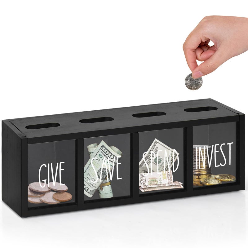 Ameuphercy Wooden Give Save Spend Invest Money Saving Box for Kids Countertop Kid Piggy Bank for Daily Cash WallMount Kids Banks for Bills and Coins Visualized Piggy Bank for Living Room Laundry Room - Image 2