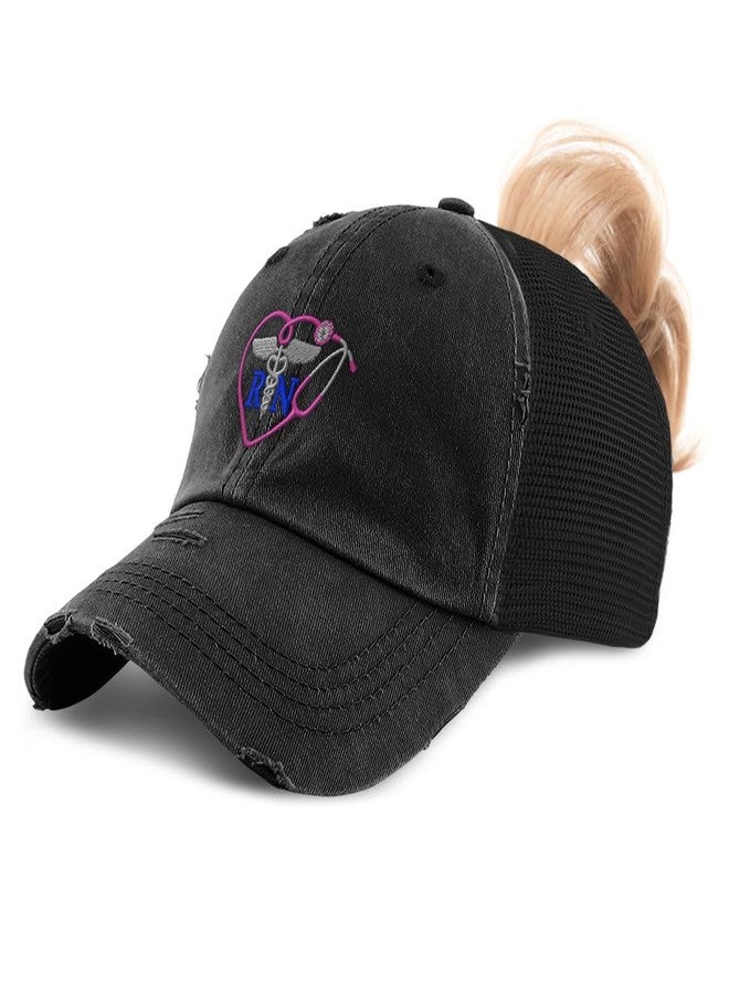 Speedy Pros Womens Ponytail Cap Rn Nurse Medicine Health Embroidery Cotton Messy Bun Distressed Trucker Hats Strap Closure Black Design Only - Image 1