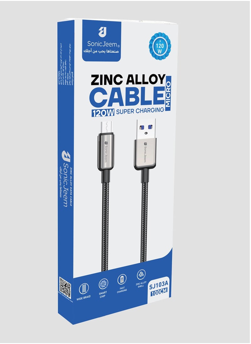 Sonic JEEM USB-MICRO Charging Cable, 120W, 1 meter long, black - Designed for Android-iPhone-iPad-iPod (SJ103A)