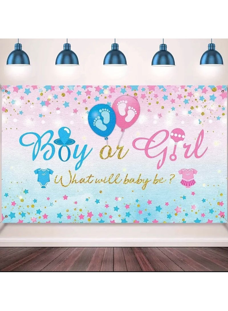 Just Quality Gender Reveal Party supplies Gender Reveal Background Boy Or Girl Backdrop Blue Gender Party Reveal Banner What Will Baby Be Banner Baby Shower Photography Photo Booth 180cmx110cm - Image 1