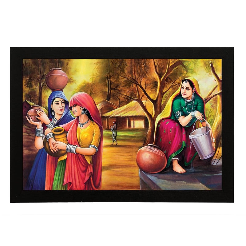 Masstone Vintage Rajasthani Panihari Modern Art Matt UV Digital RePrint Framed Wall Painting Multicolour 20x14 Inch