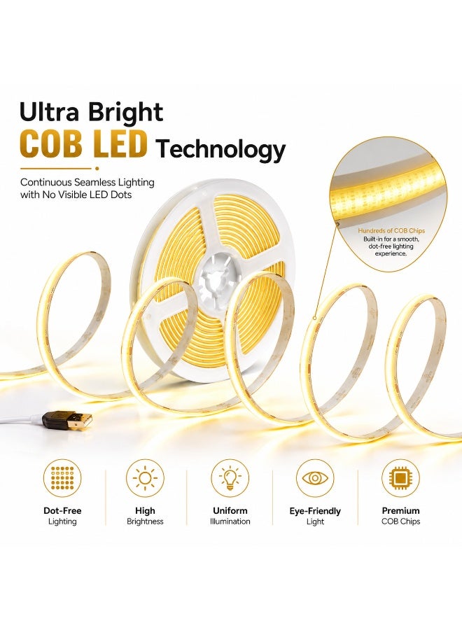 Talala COB LED Strip Light USB Powered, 3M Warm White Flexible LED Light Strip with Strong Self-Adhesive Backing, Cuttable Dotless COB Lighting Tape for TV, Bedroom, Kitchen Cabinets, Gaming Desk, Shelves, Stairs, Home Decoration, 5V USB Plug & Play - Image 2