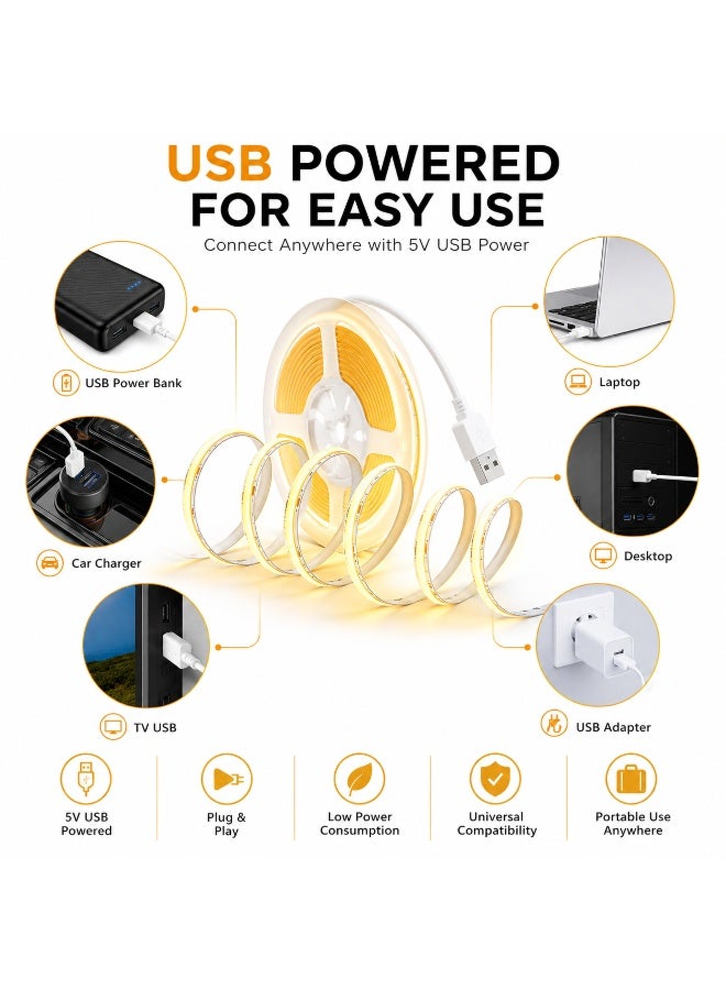Talala COB LED Strip Light USB Powered, 3M Warm White Flexible LED Light Strip with Strong Self-Adhesive Backing, Cuttable Dotless COB Lighting Tape for TV, Bedroom, Kitchen Cabinets, Gaming Desk, Shelves, Stairs, Home Decoration, 5V USB Plug & Play - Image 3