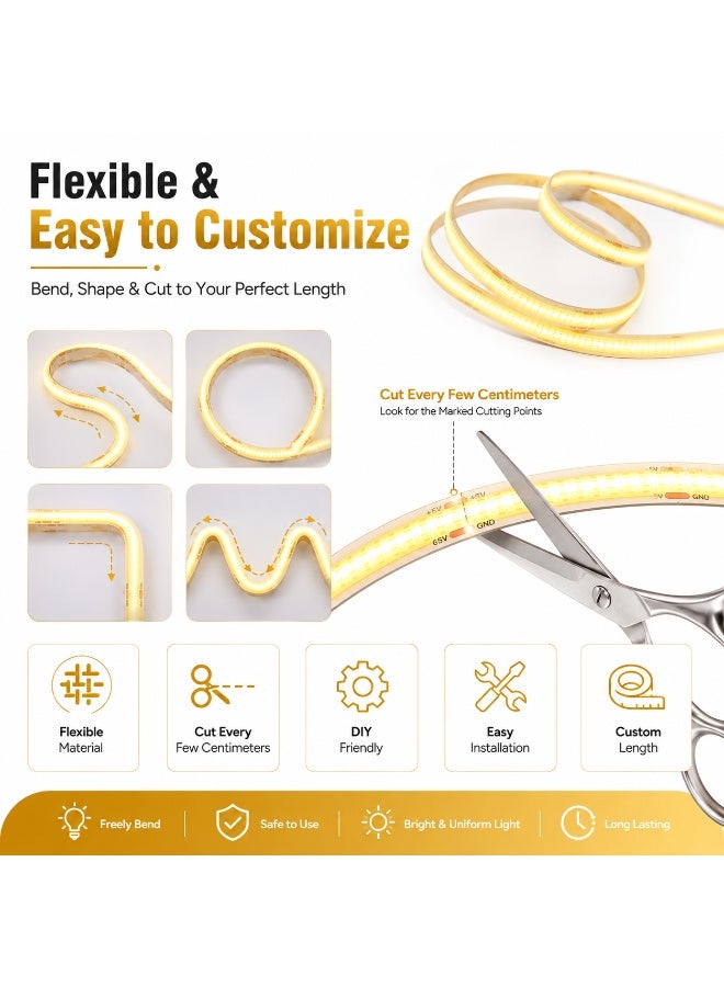 Talala COB LED Strip Light USB Powered, 3M Warm White Flexible LED Light Strip with Strong Self-Adhesive Backing, Cuttable Dotless COB Lighting Tape for TV, Bedroom, Kitchen Cabinets, Gaming Desk, Shelves, Stairs, Home Decoration, 5V USB Plug & Play - Image 4