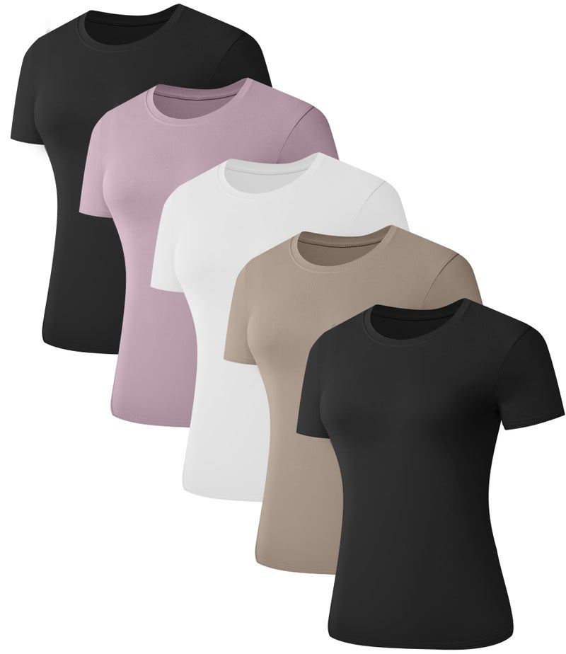Kinglaman 5 Pack Women's Short Sleeve Basic T Shirts Tees, Slim Fit Crew Neck Tshirt Summer Tops for Casual Workout Trendy 2 Black 1 White 1 Pink 1 Khaki Small - Image 1