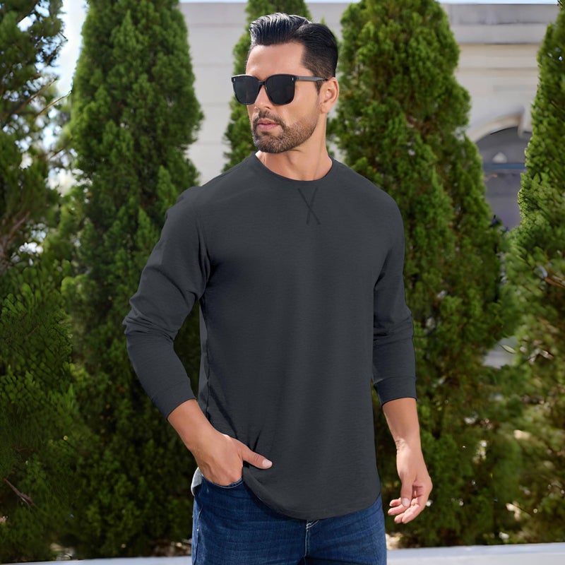 TEZO Mens 3 Pack Cotton Plain T Shirts Crew Neck Long Sleeve Casual Tee Shirts Hipster Hip Hop Longline Droptail Shirt(BKDGKA M) - Image 3
