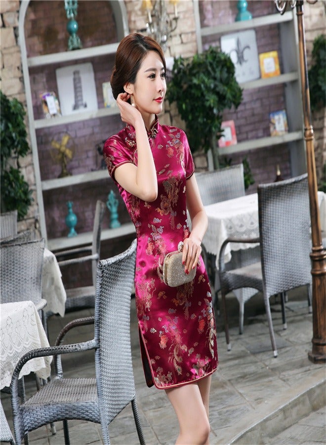 Loquat Dragon And Phoenix Short Sleeved Dress Wine Red  - Image 1