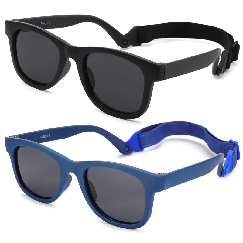NULOOQ Flexible Polarized Baby Sunglasses with Strap Adjustable for Toddler & Newborn Infant 0-18 Months (Dark Blue/Gray + Matte Black/Gray) - 2 Pack - Image 1