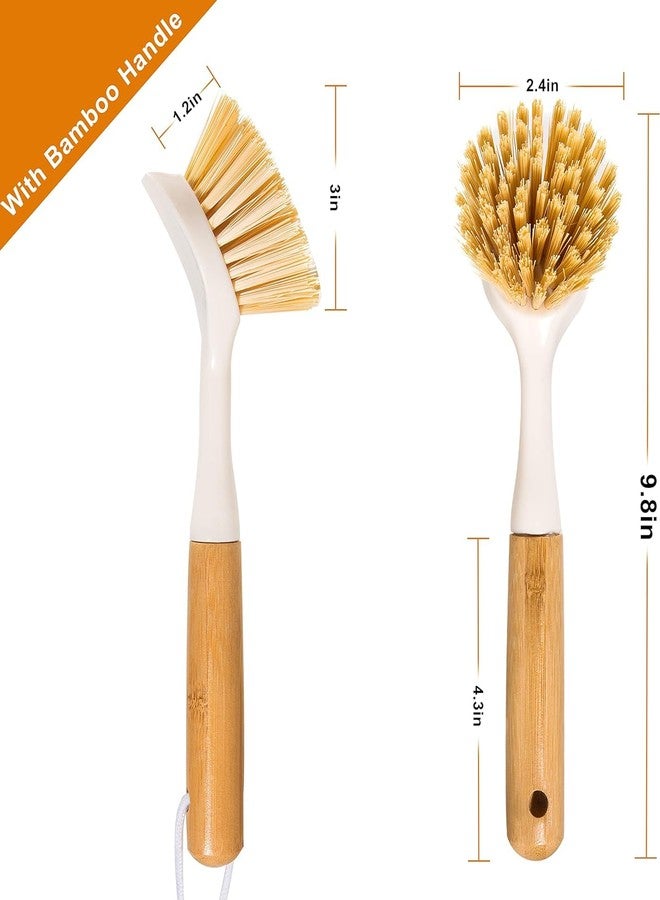 FunCee 2 Pack Kitchen Dish Brushes with Bamboo Handle, Dish Scrubber Built-in Scraper, Scrub Brush for Pans, Pots, Counter & Kitchen Sink Cleaning, Dishwashing and Cleaning Brush Tools, White - Image 2