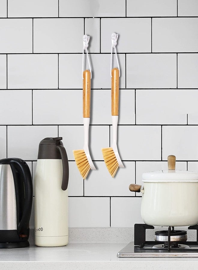 FunCee 2 Pack Kitchen Dish Brushes with Bamboo Handle, Dish Scrubber Built-in Scraper, Scrub Brush for Pans, Pots, Counter & Kitchen Sink Cleaning, Dishwashing and Cleaning Brush Tools, White - Image 5