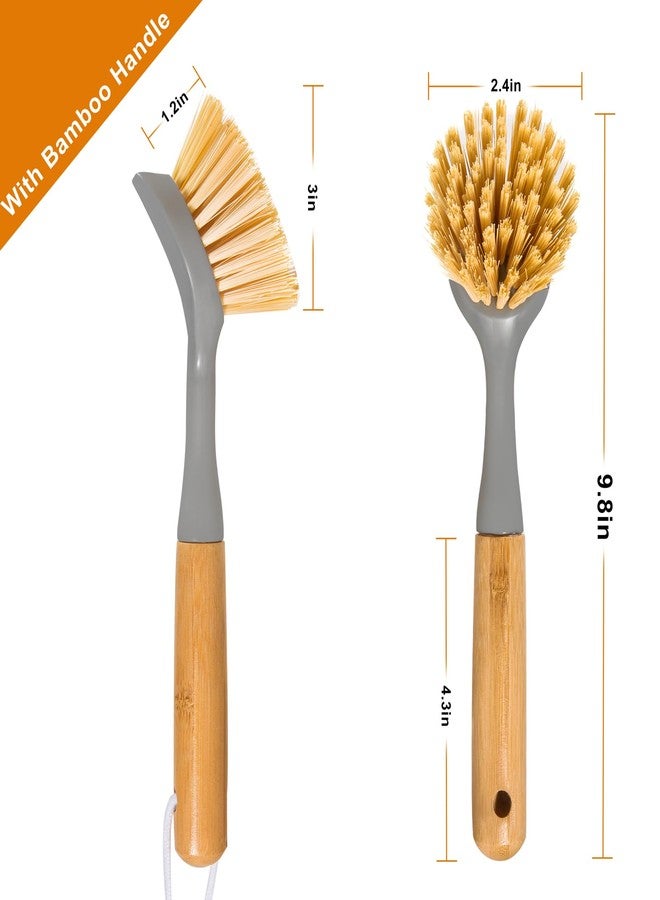FunCee 2 Pack Kitchen Dish Brushes with Bamboo Handle, Dish Scrubber Built-in Scraper, Scrub Brush for Pans, Pots, Counter & Kitchen Sink Cleaning, Dishwashing and Cleaning Brush Tools, White - Image 4
