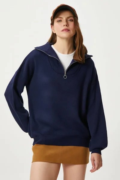 Ritnice Women's Bruno Basic Zippered Navy Blue Sweater