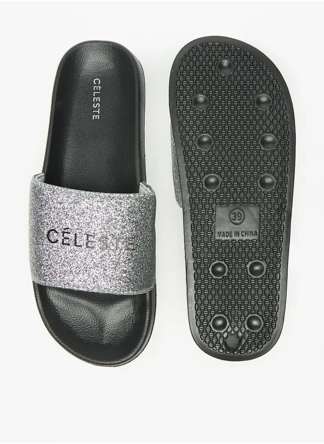 سيليست Womens Glitter Print Slip-On Slides