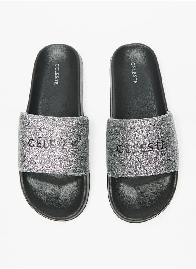 سيليست Womens Glitter Print Slip-On Slides