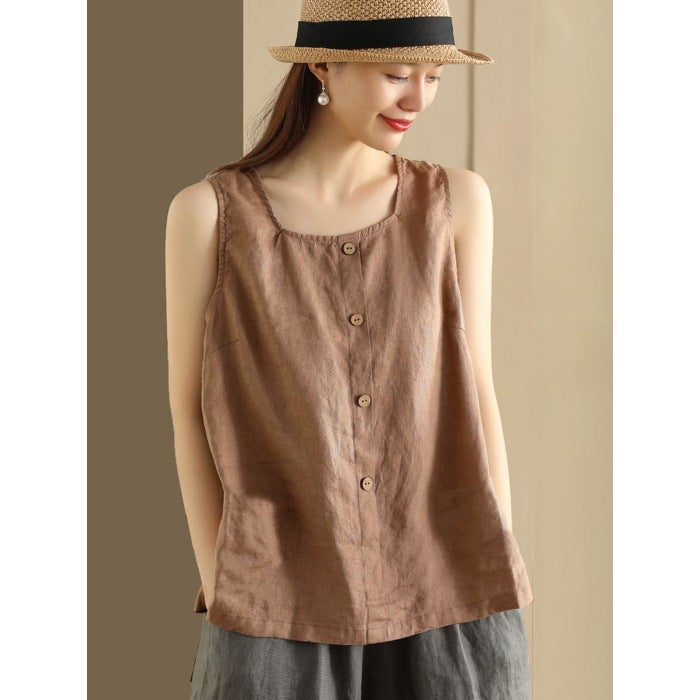 Summer New Vintage Womens Cotton Linen Sleeveless Cotton Linen Vest Loose Sling All-match Slim-fit Base Top Coffee - Image 1