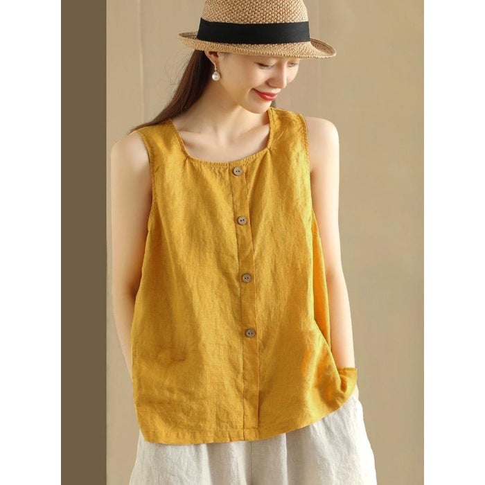 Summer New Vintage Womens Cotton Linen Sleeveless Cotton Linen Vest Loose Sling All-match Slim-fit Base Top Coffee - Image 2