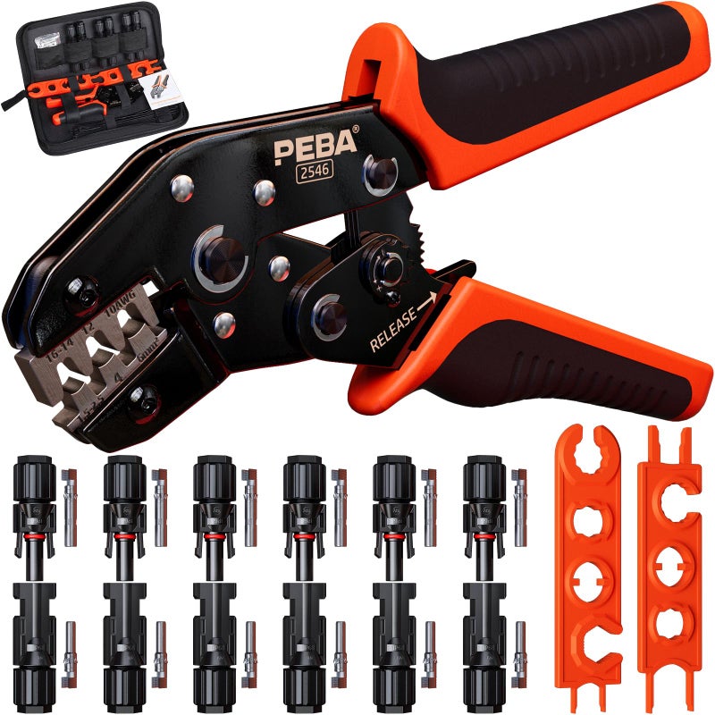 PEBA Crimping Tool Kit Solar Crimper for AWG 1610 Solar Panel Cable Wire with 6 Pairs IP68 Solar Connectors and 1 Pair Solar Connector Spanner Wrench Ratchet Crimp Tool Kit Solar Installation